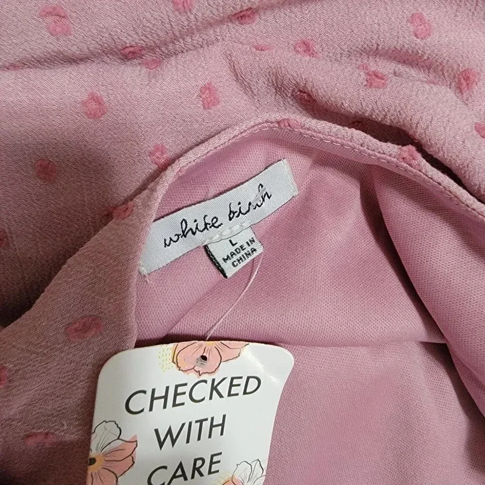 BLUSH Bell Sleeve Pink Swiss Dot Dressy Blouse with Ruffle Detail Womens L NWT - Picture 7 of 8